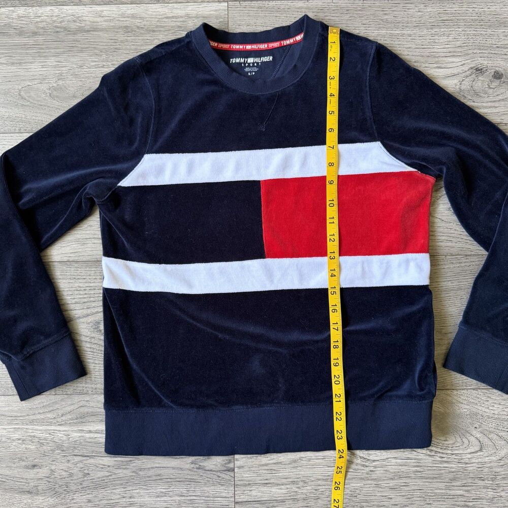 Tommy Hilfiger Sport Navy Velour Flag Graphic Sweatshirt - Size Small - Picture 3 of 7